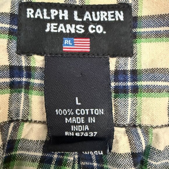 Ralph Lauren Jeans Co Plaid Flannel Button Down Shirt Mens Large Tan Preppy Soft - Picture 12 of 13